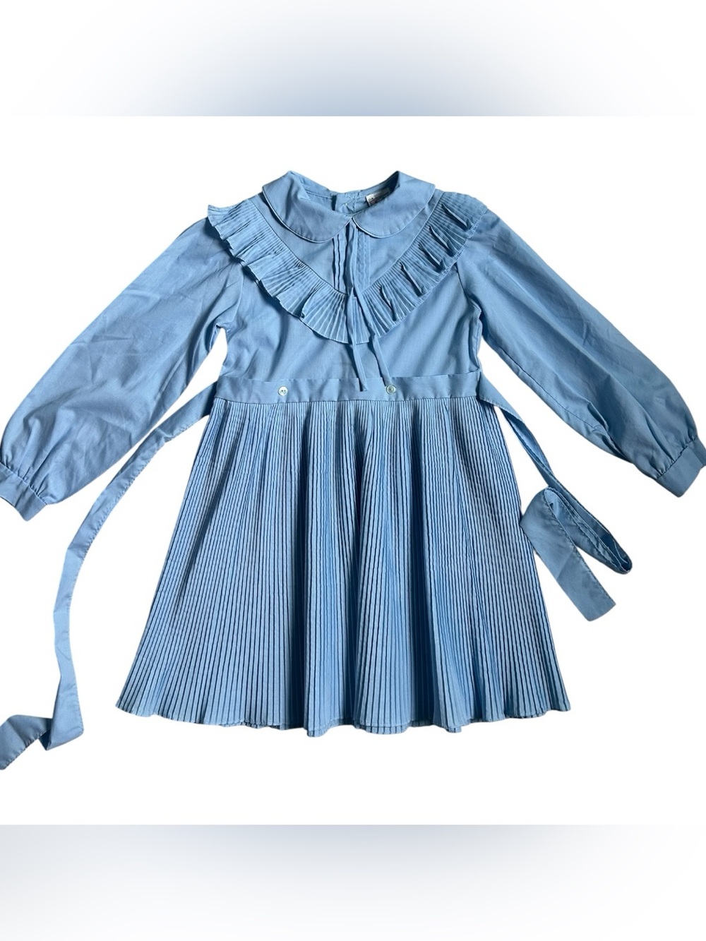 Vintage Prairie School Girl Light Blue Pleated Long-Sleeve Dress
